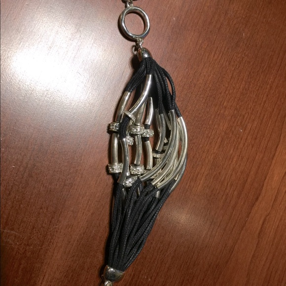 Silver Tone Metal & Black Cord Wrist Cuff Bracelet Shiny Stones Adjustable Size - Picture 3 of 3